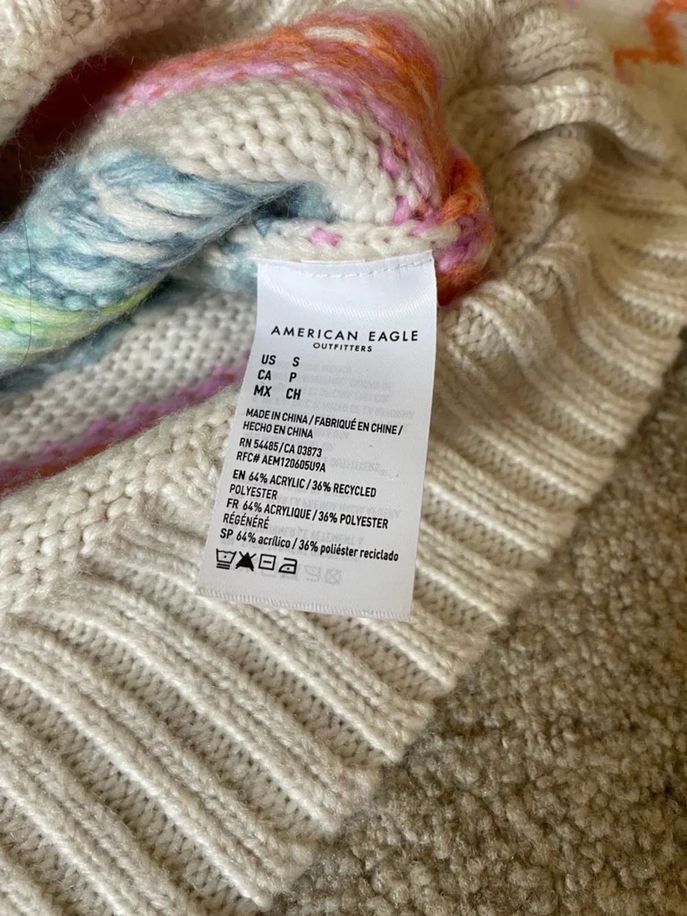 American eagle Crewneck Women's Sweater in Cream with Pastel Stripe Pattern - Picture 3 of 4